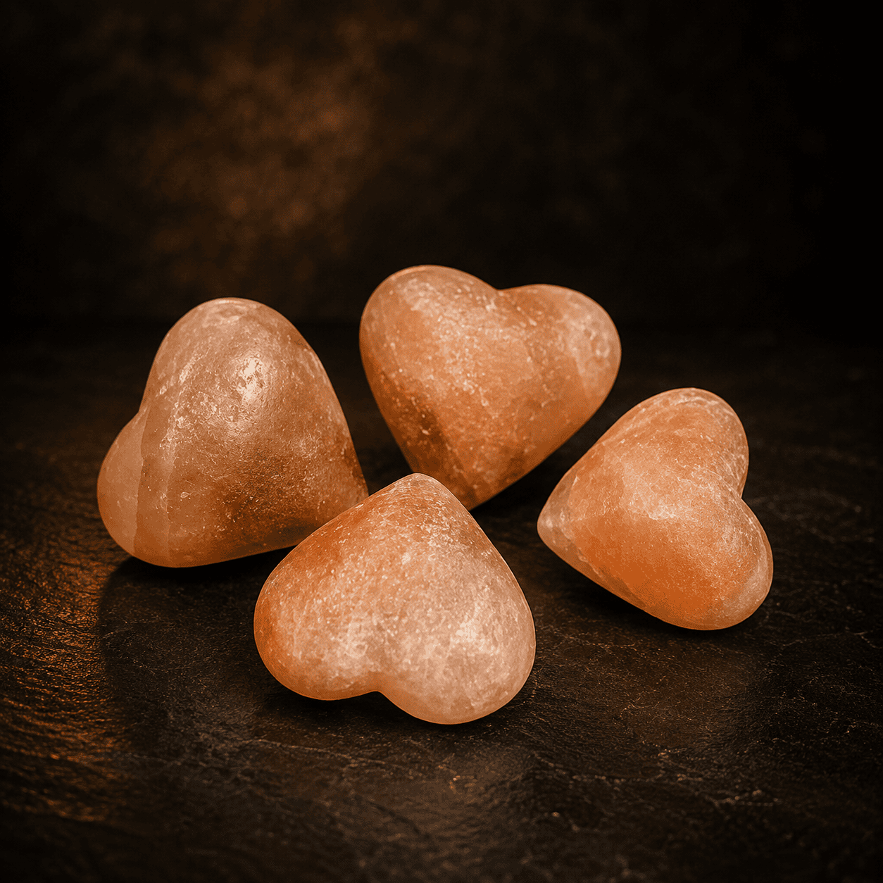 Heart-Shaped Salt Massage Stones, Set of 4 – studio photo lit against a dark background