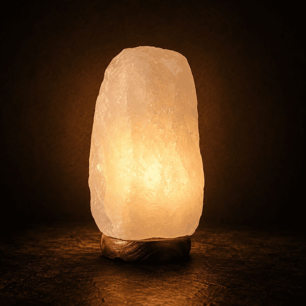Pale Crystal Salt Lamp, 2-3kg – studio photo lit against a dark background