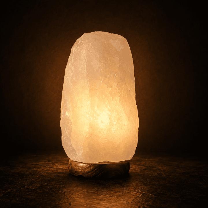 Pale Crystal Salt Lamp, 2-3kg – studio photo lit against a dark background