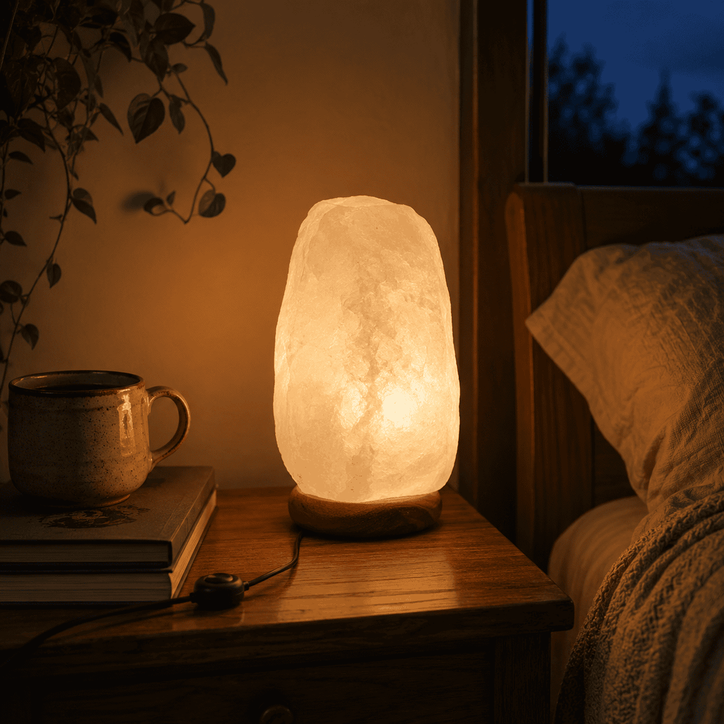 Pale Crystal Salt Lamp, 2-3kg – styled in a home lifestyle setting, lit at evening