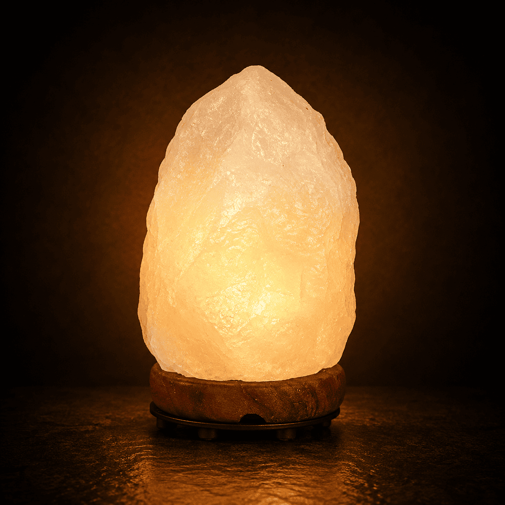 Pale Crystal Salt Lamp, 3-5kg – studio photo lit against a dark background