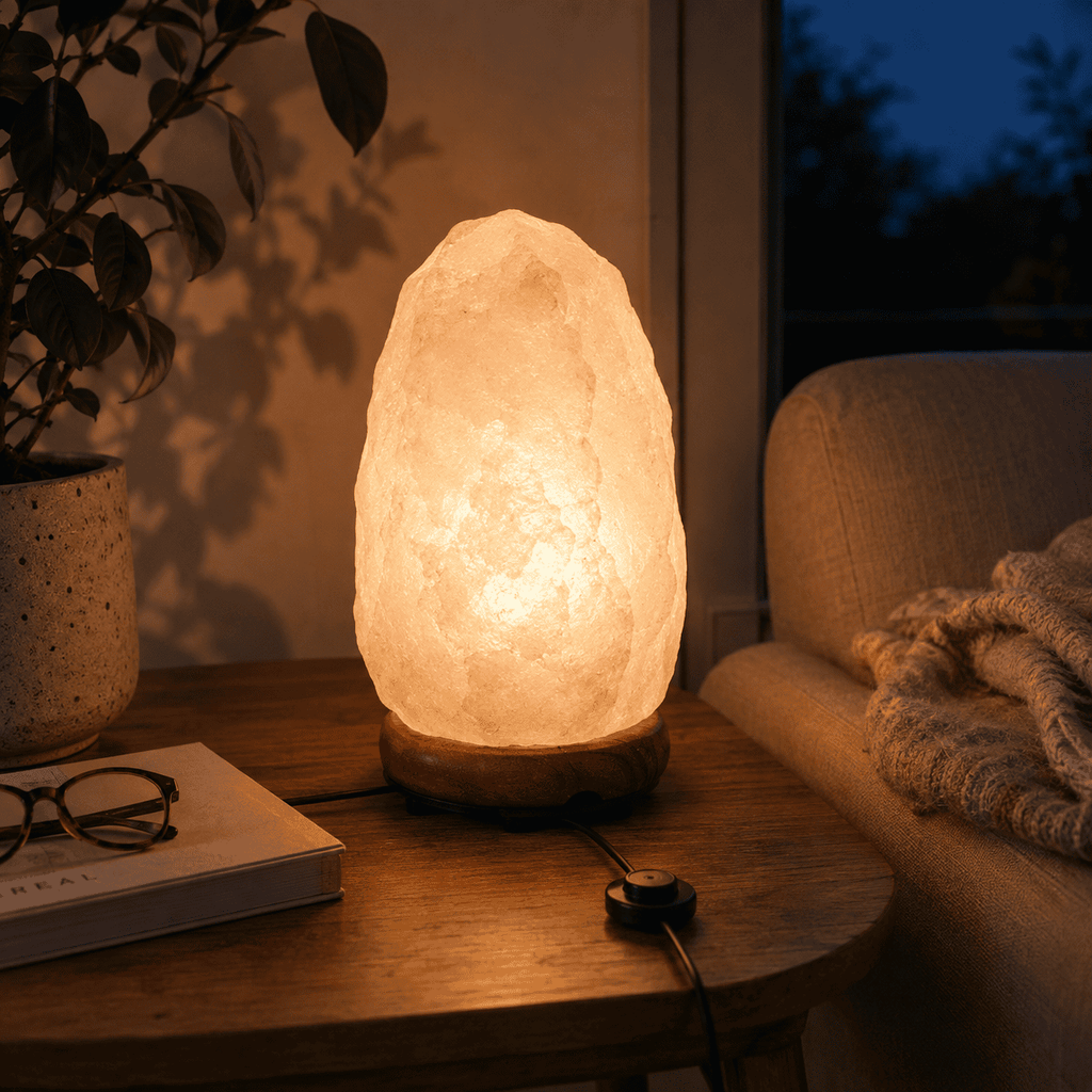 Pale Crystal Salt Lamp, 3-5kg – styled in a home lifestyle setting, lit at evening