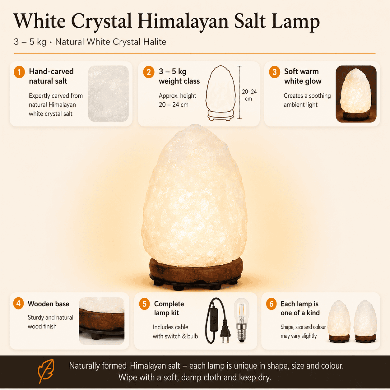 Pale Crystal Salt Lamp, 3-5kg – infographic highlighting the product's key features