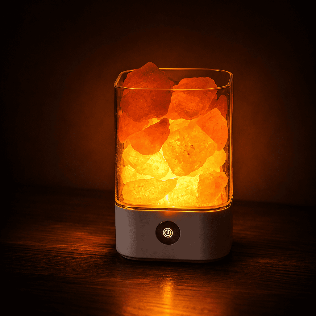 USB Salt Lamp with Loose Crystal Chunks – studio photo lit against a dark background