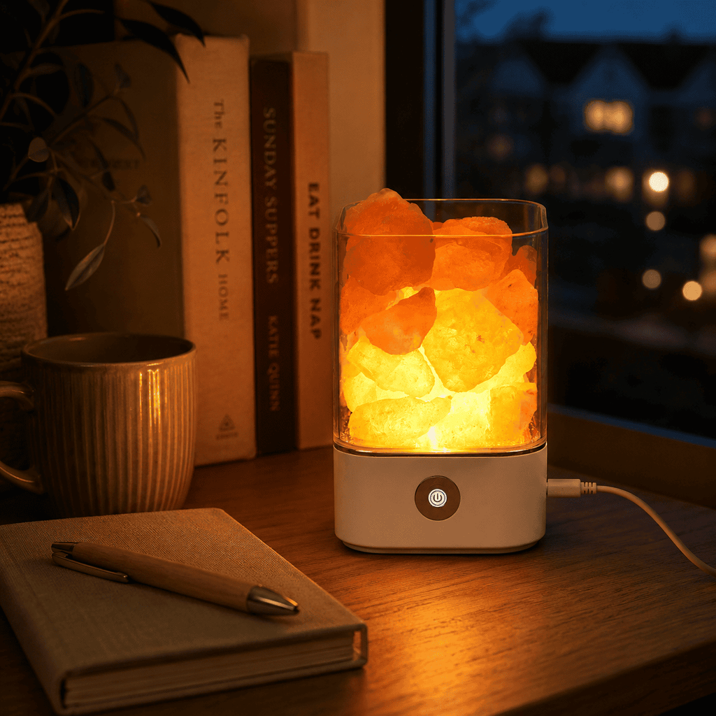 USB Salt Lamp with Loose Crystal Chunks – styled in a home lifestyle setting, lit at evening