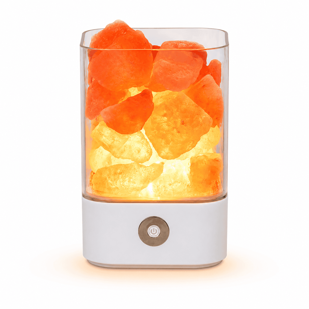 USB Salt Lamp with Loose Crystal Chunks – studio product photo on a plain white background