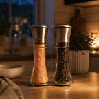 Refillable Salt Grinder, Set of 2 – styled in a home lifestyle setting, lit at evening