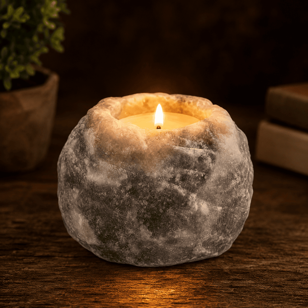 Grey-Toned Salt Tealight Holders, Set of 2 – studio photo lit against a dark background