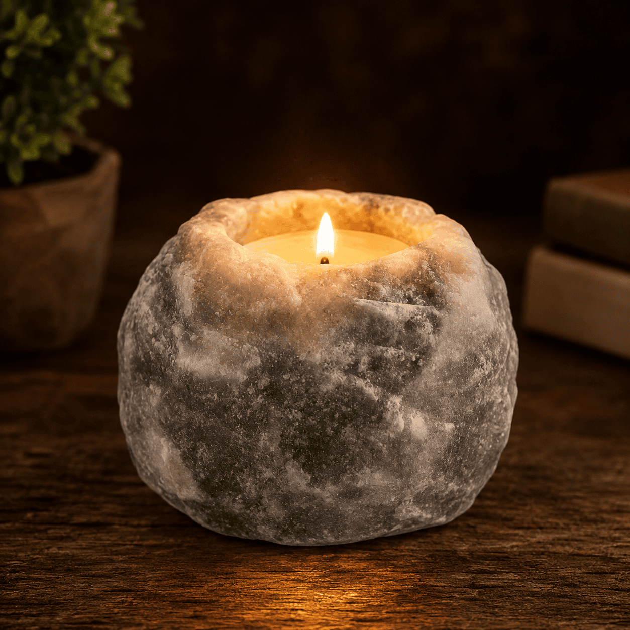 Grey-Toned Salt Tealight Holders, Set of 2 – studio photo lit against a dark background