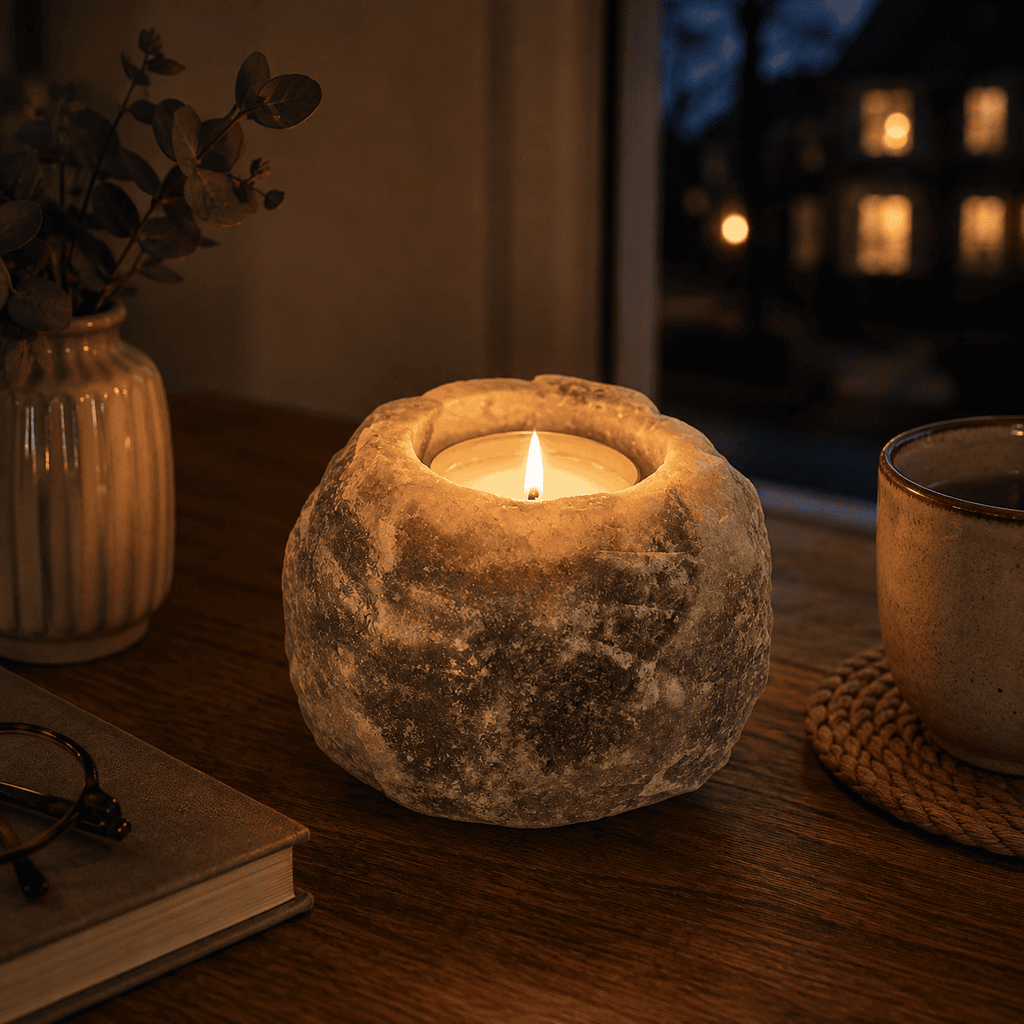 Grey-Toned Salt Tealight Holders, Set of 2 – styled in a home lifestyle setting, lit at evening