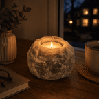 Grey-Toned Salt Tealight Holders, Set of 2 – styled in a home lifestyle setting, lit at evening