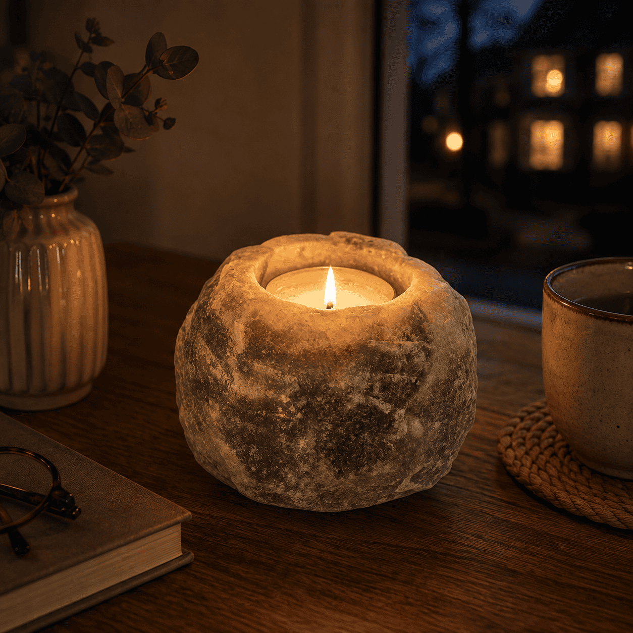 Grey-Toned Salt Tealight Holders, Set of 2 – styled in a home lifestyle setting, lit at evening
