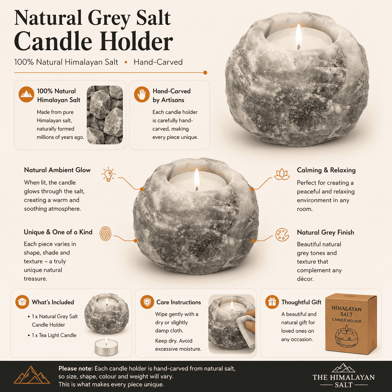 Grey-Toned Salt Tealight Holders, Set of 2 – infographic highlighting the product's key features