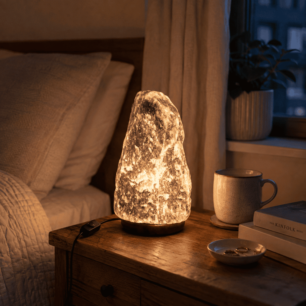 Grey-Toned Salt Lamp, 3-5kg – styled in a home lifestyle setting, lit at evening (alternate angle)