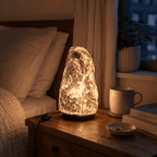 Grey-Toned Salt Lamp, 3-5kg – styled in a home lifestyle setting, lit at evening (alternate angle)