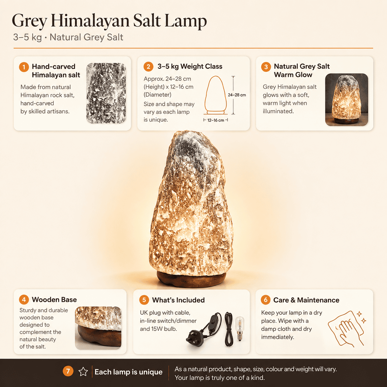 Grey-Toned Salt Lamp, 3-5kg – infographic highlighting the product's key features