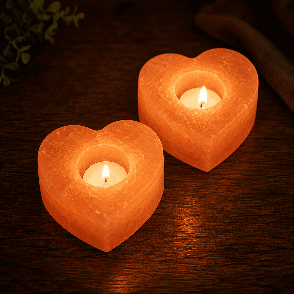 Heart-Cut Salt Tealight Holders, Set of 2 – studio photo lit against a dark background