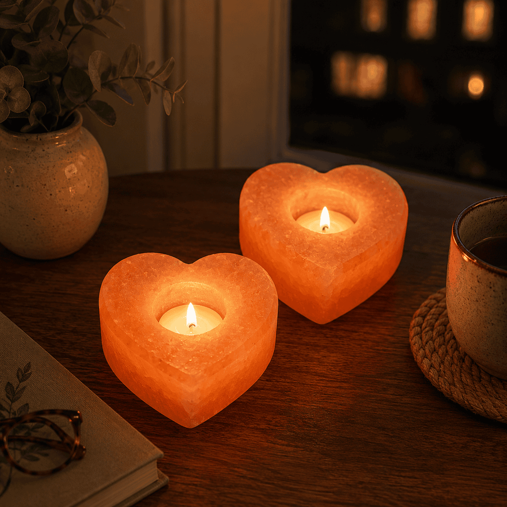 Heart-Cut Salt Tealight Holders, Set of 2 – styled in a home lifestyle setting, lit at evening