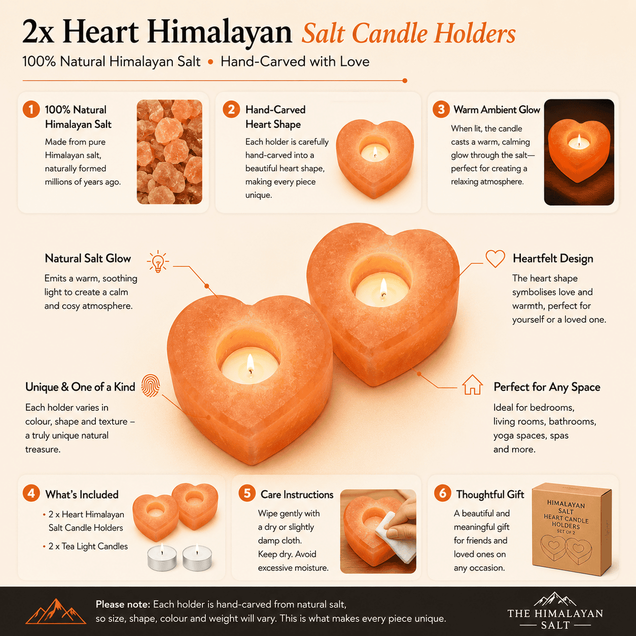 Heart-Cut Salt Tealight Holders, Set of 2 – infographic highlighting the product's key features