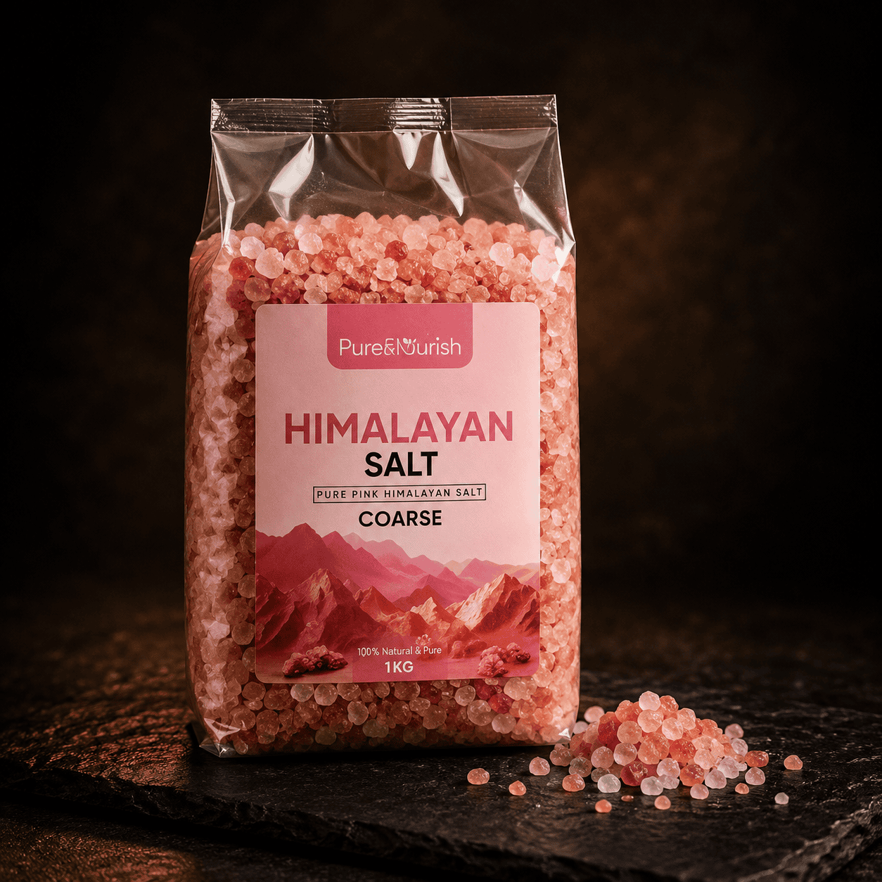 Coarse Pink Salt, 1kg – studio photo lit against a dark background