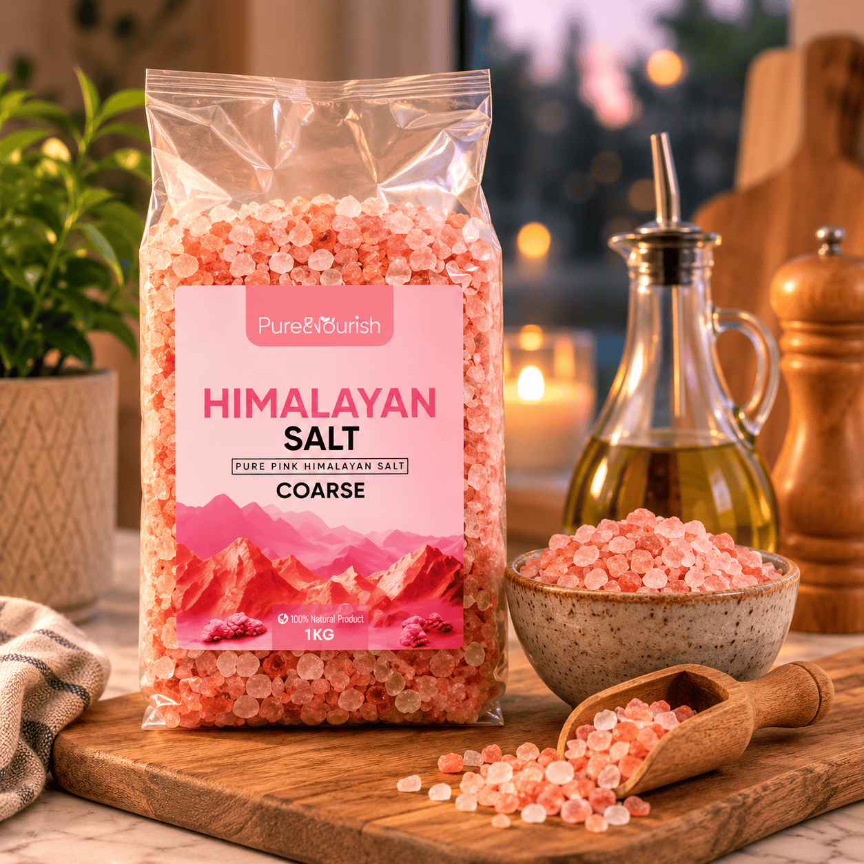 Coarse Pink Salt, 1kg – styled in a home lifestyle setting, lit at evening