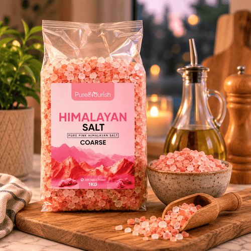 Coarse Pink Salt, 1kg – styled in a home lifestyle setting, lit at evening