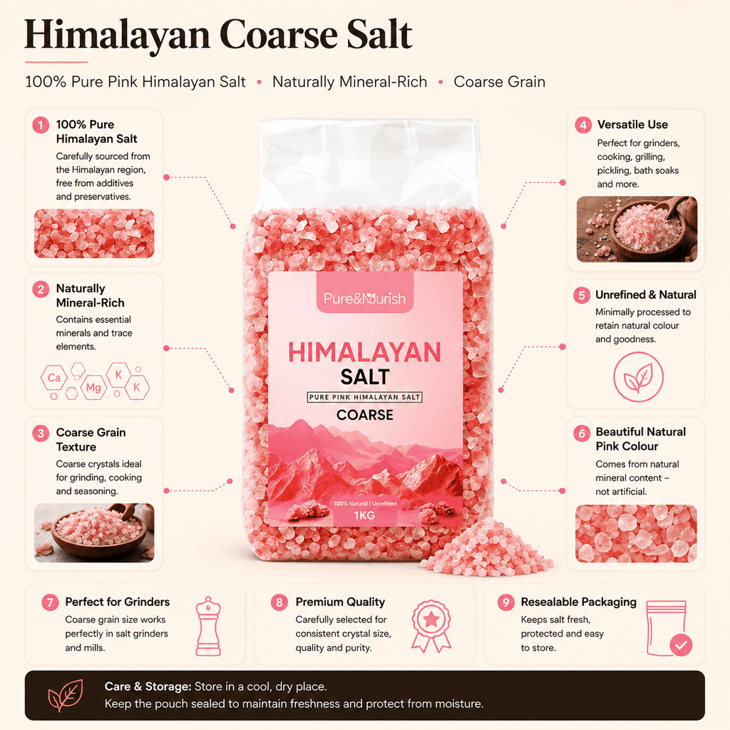 Coarse Pink Salt, 1kg – infographic highlighting the product's key features