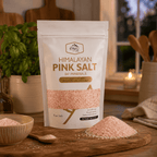 Fine Pink Salt, 1kg – styled in a home lifestyle setting, lit at evening