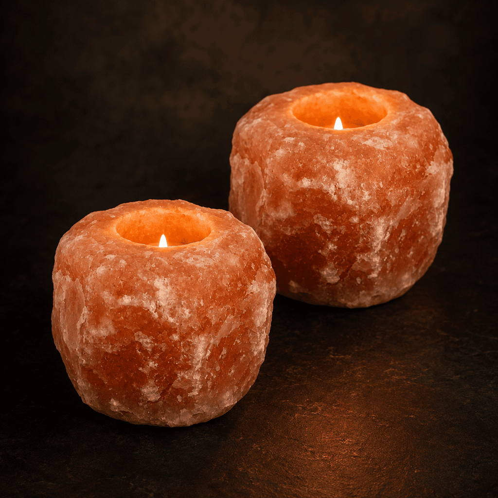 Pink Salt Tealight Holders, Set of 2 – studio photo lit against a dark background
