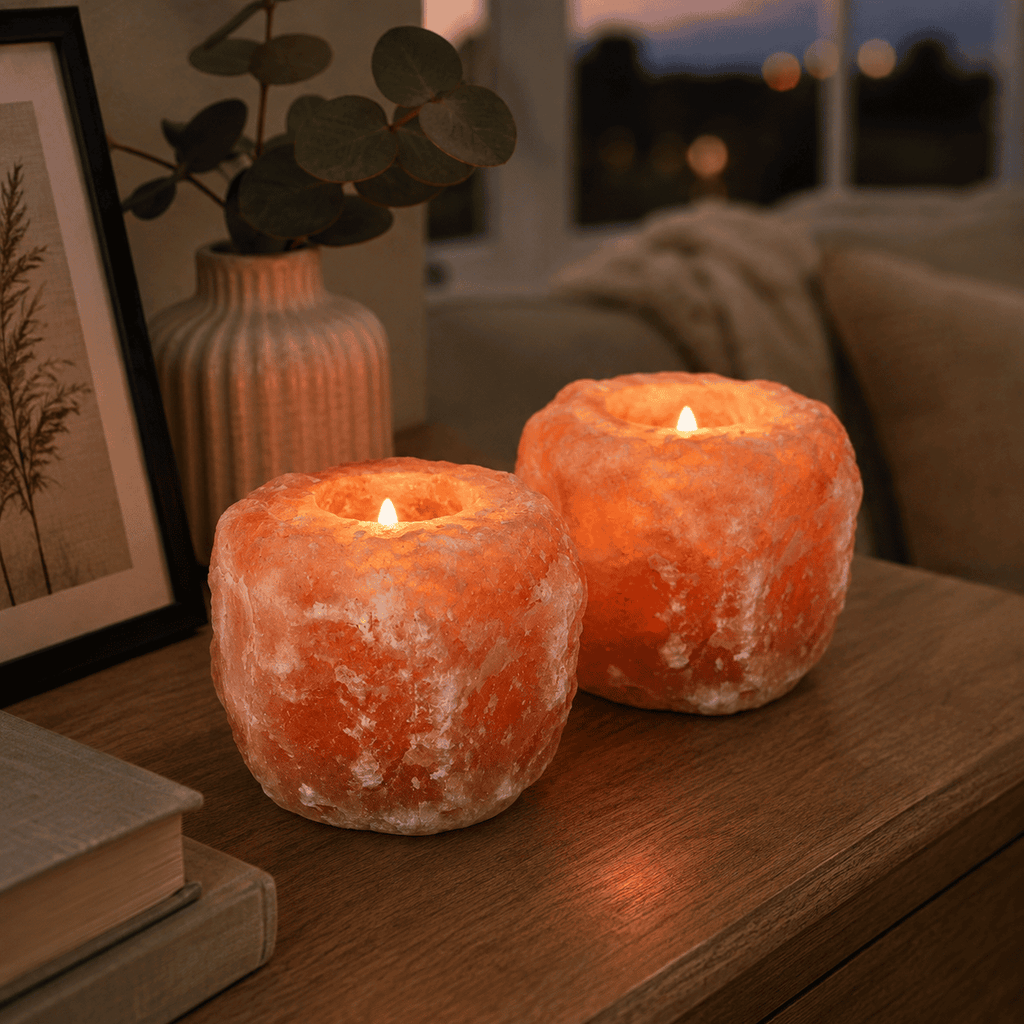 Pink Salt Tealight Holders, Set of 2 – styled in a home lifestyle setting, lit at evening