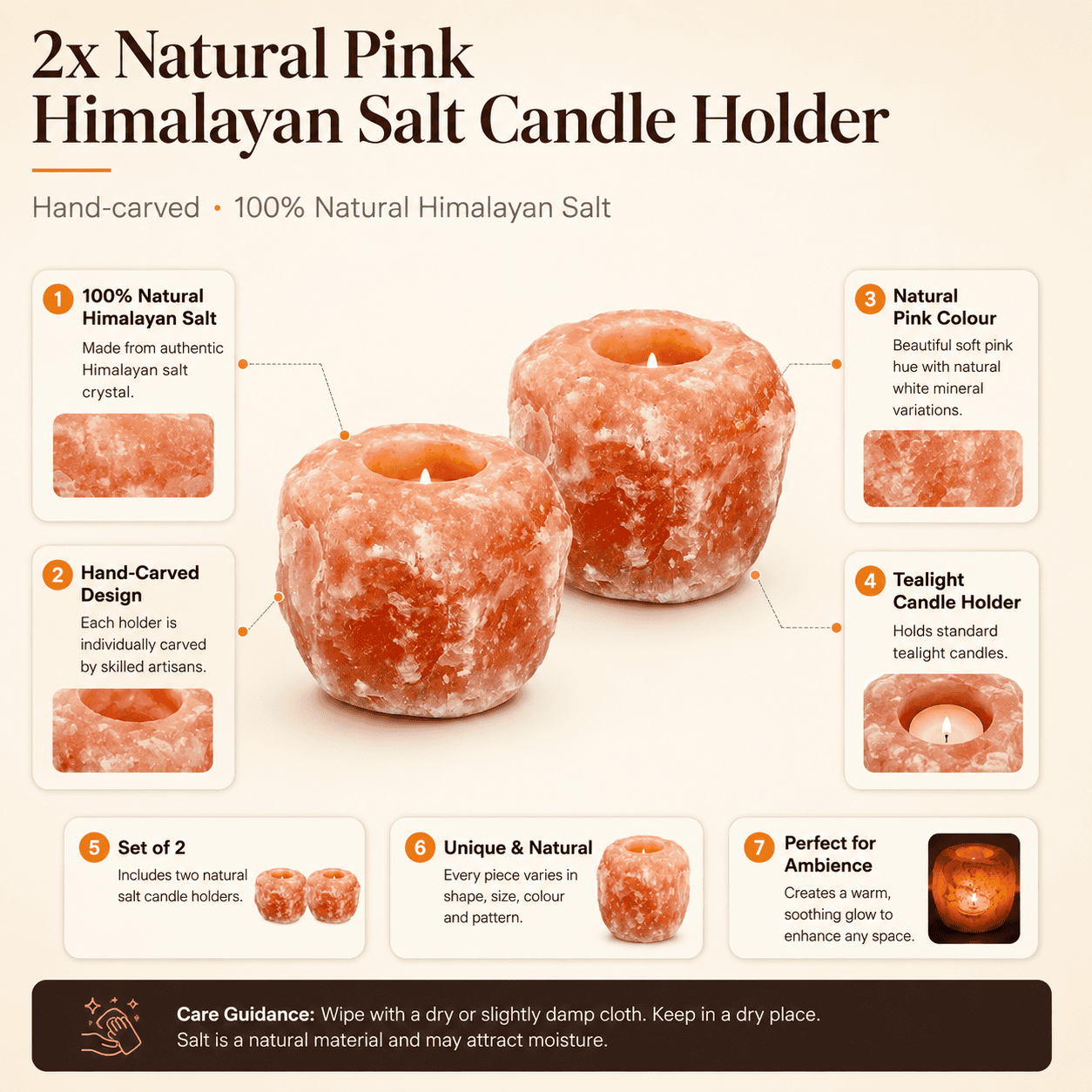 Pink Salt Tealight Holders, Set of 2 – infographic highlighting the product's key features