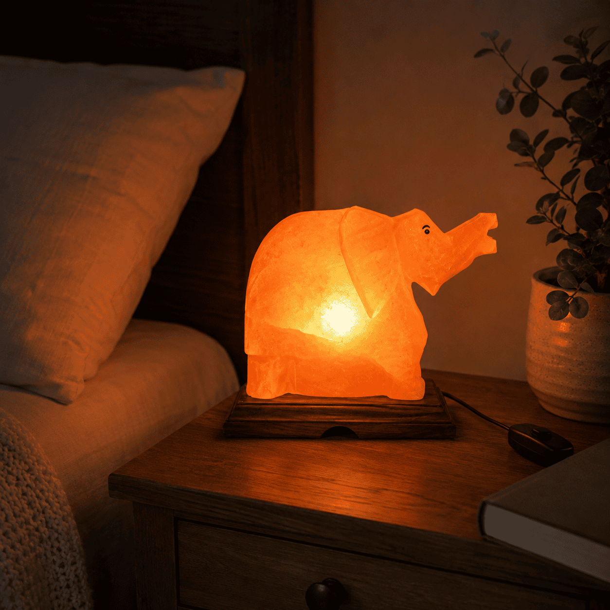 Elephant-Carved Salt Lamp – styled in a home lifestyle setting, lit at evening