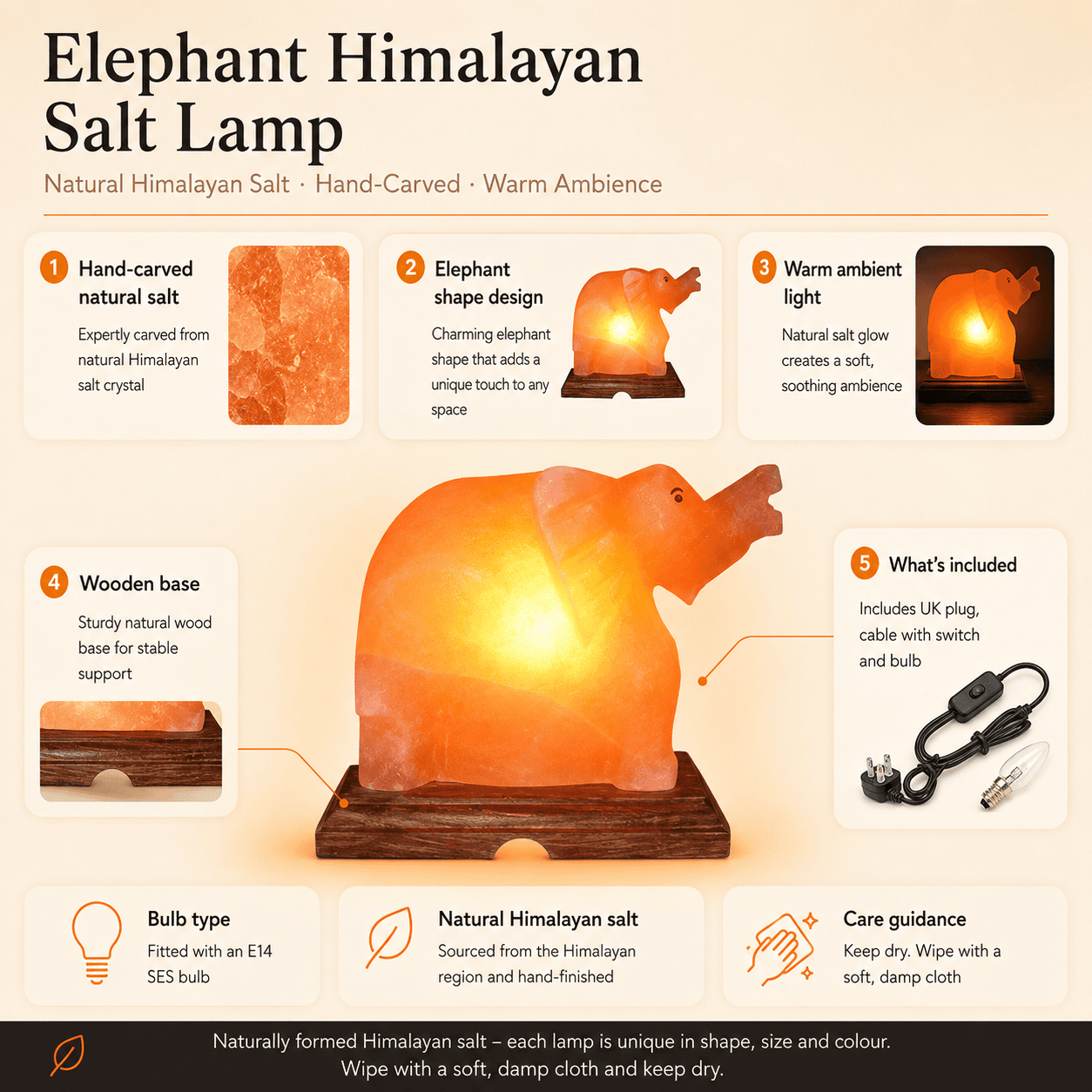Elephant-Carved Salt Lamp – infographic highlighting the product's key features