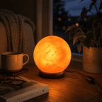 Sphere-Cut Salt Lamp, 4kg – styled in a home lifestyle setting, lit at evening