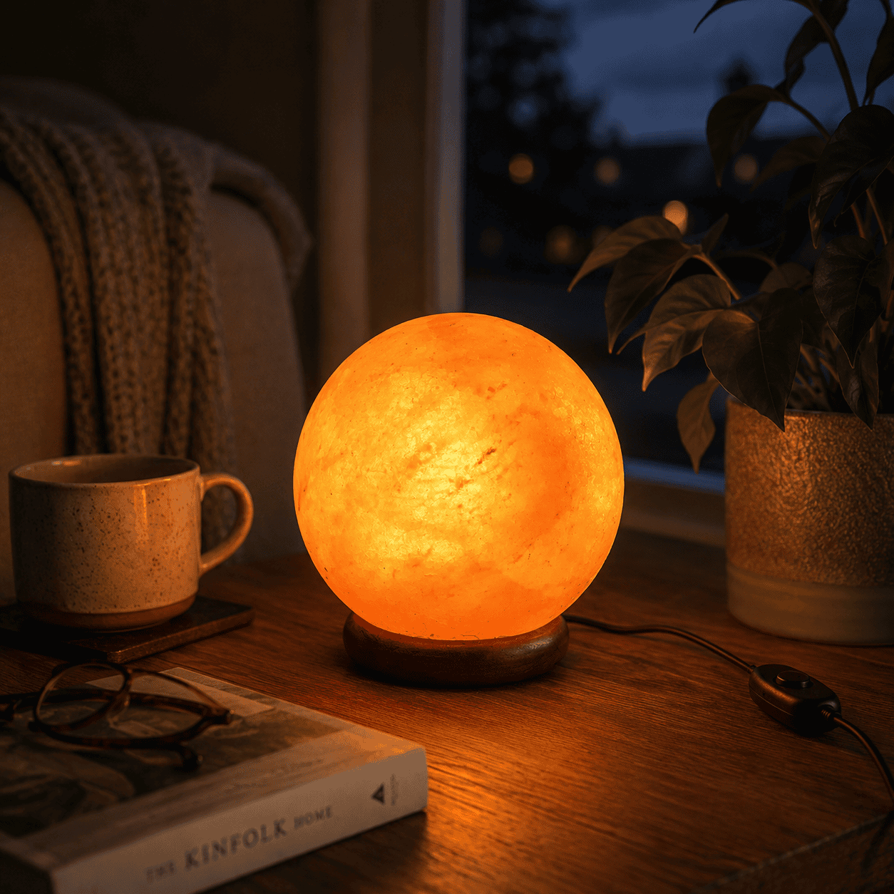 Sphere-Cut Salt Lamp, 4kg – styled in a home lifestyle setting, lit at evening
