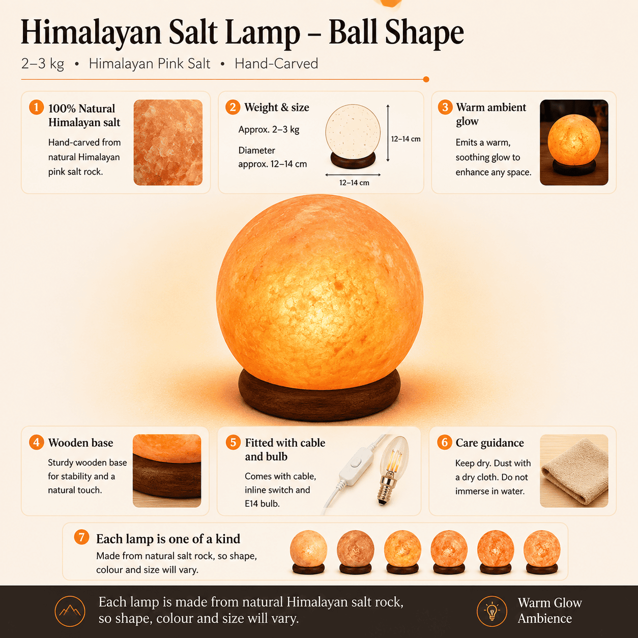 Sphere-Cut Salt Lamp, 4kg – infographic highlighting the product's key features