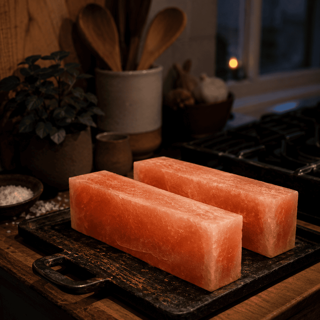 Himalayan Salt Bricks, Pack of 2 – styled in a home lifestyle setting, lit at evening