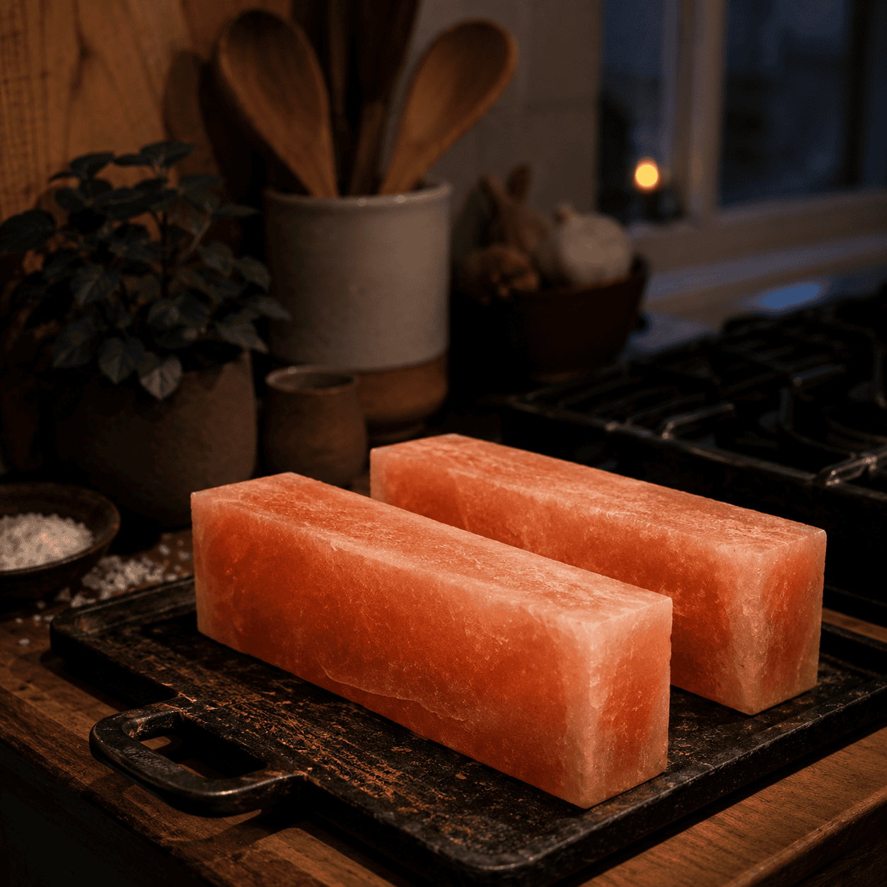 Himalayan Salt Bricks, Pack of 2 – styled in a home lifestyle setting, lit at evening