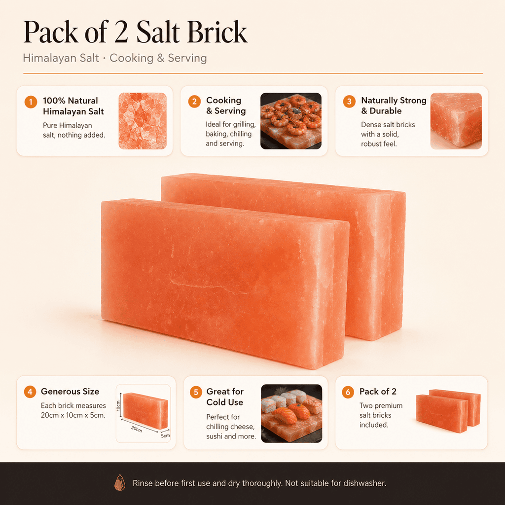 Himalayan Salt Bricks, Pack of 2 – infographic highlighting the product's key features