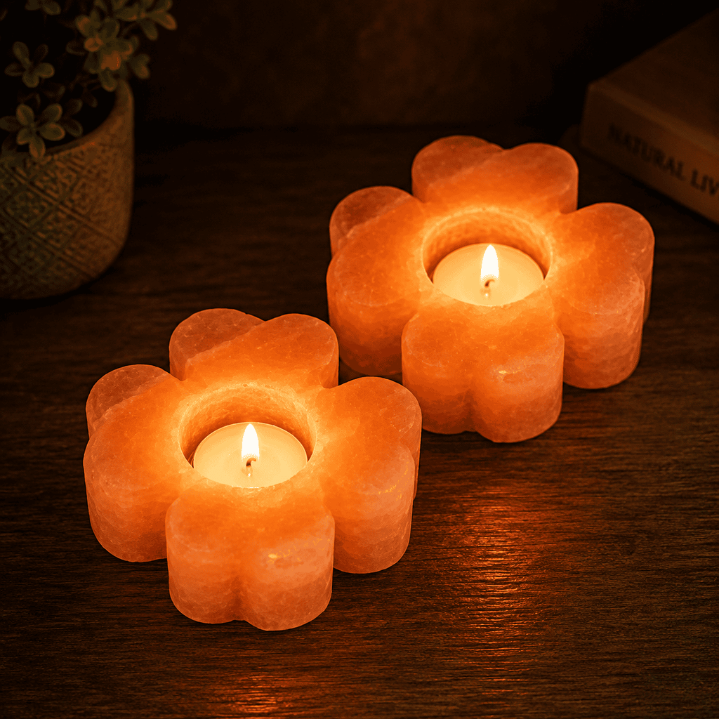 Flower-Cut Salt Tealight Holders, Set of 2 – studio photo lit against a dark background