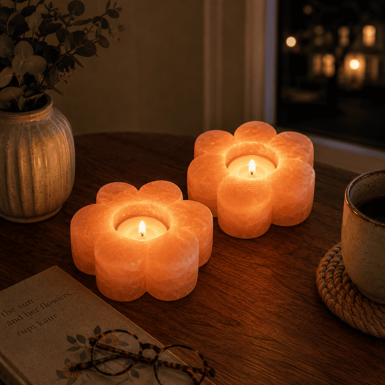 Flower-Cut Salt Tealight Holders, Set of 2 – styled in a home lifestyle setting, lit at evening