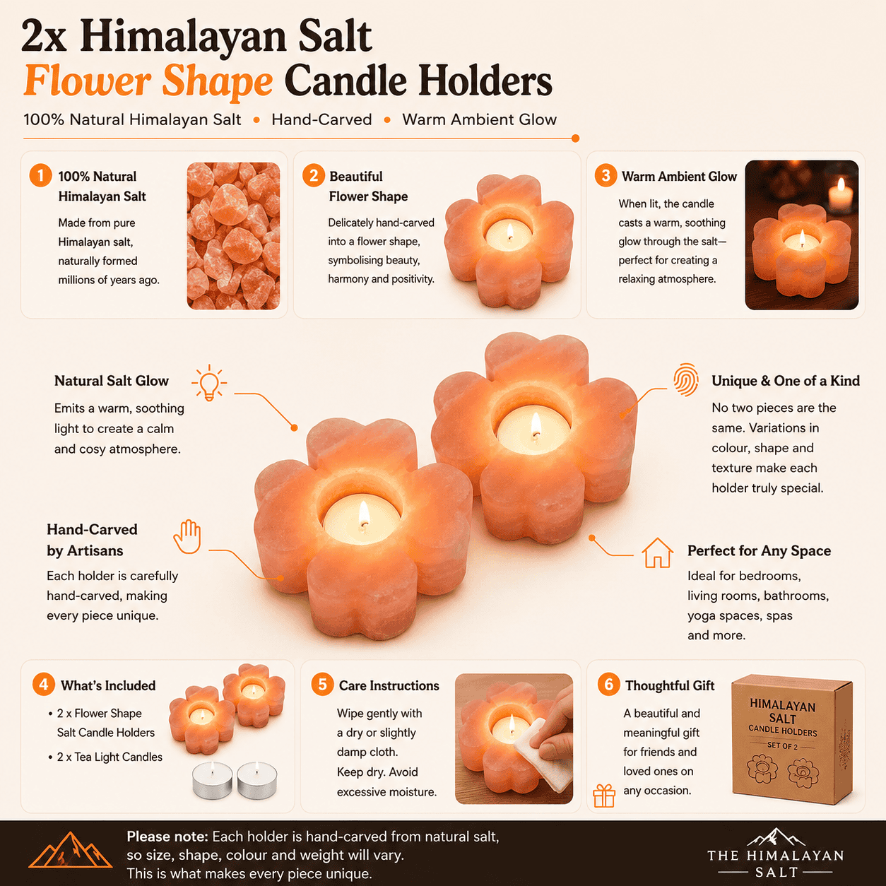 Flower-Cut Salt Tealight Holders, Set of 2 – infographic highlighting the product's key features