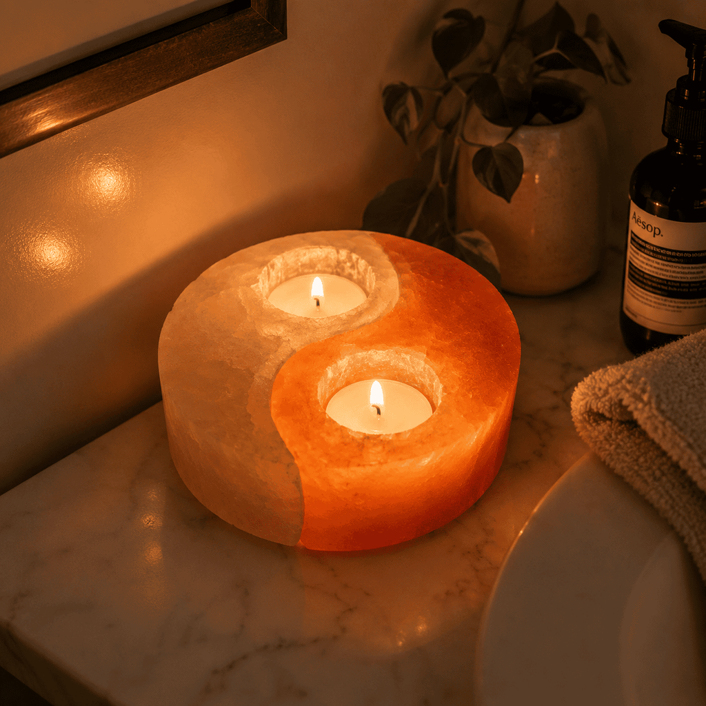 Yin Yang Salt Tealight Holder – styled in a home lifestyle setting, lit at evening