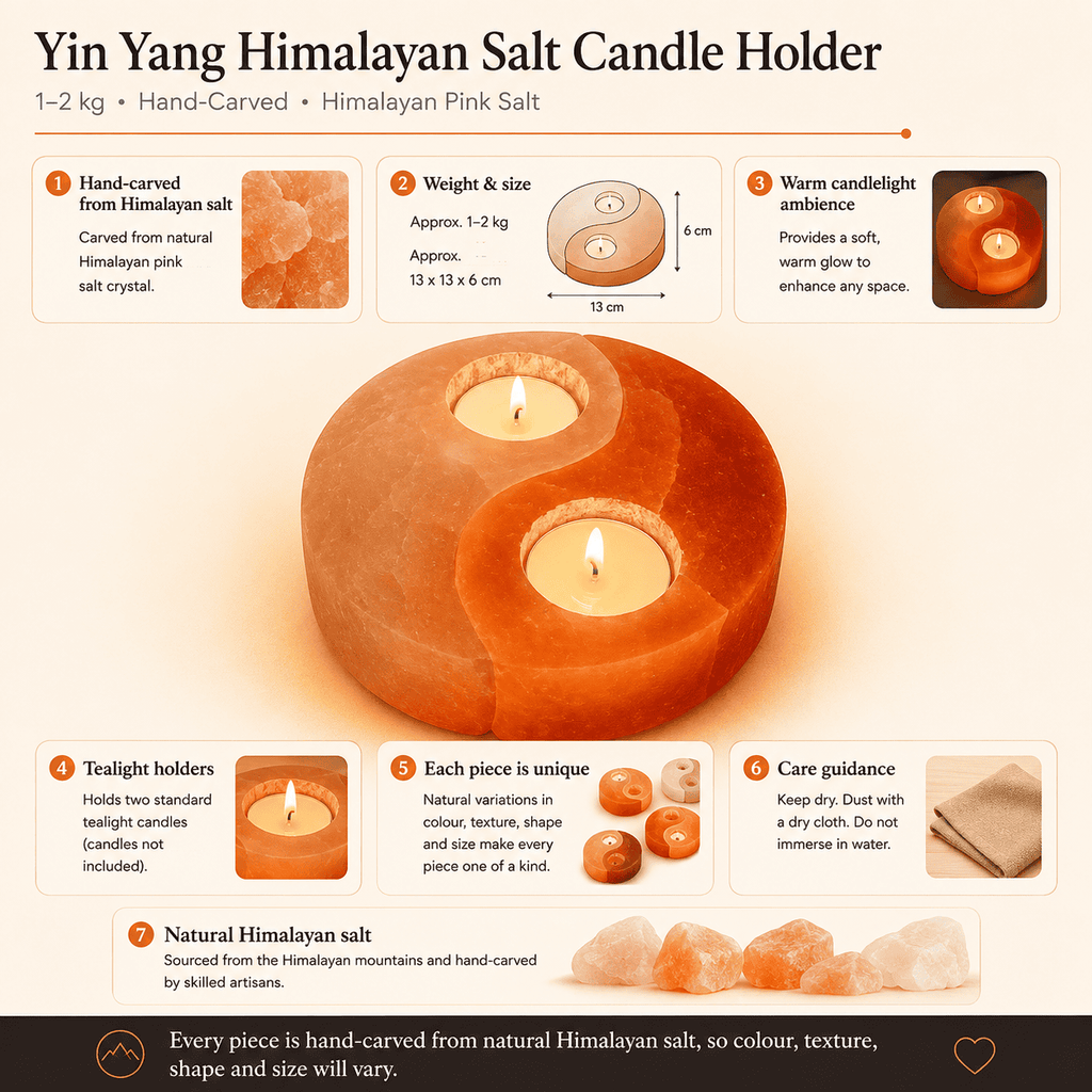 Yin Yang Salt Tealight Holder – infographic highlighting the product's key features