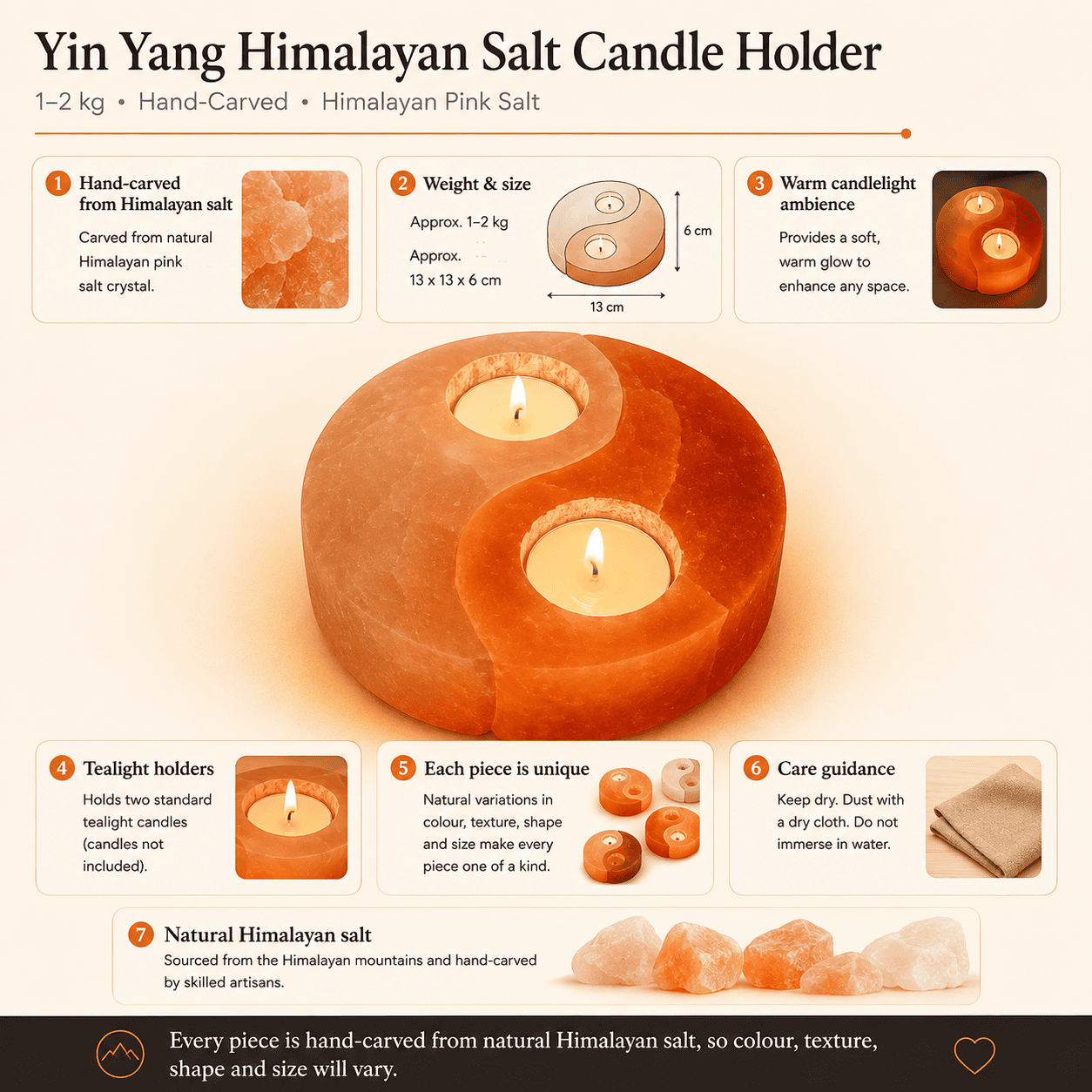 Yin Yang Salt Tealight Holder – infographic highlighting the product's key features