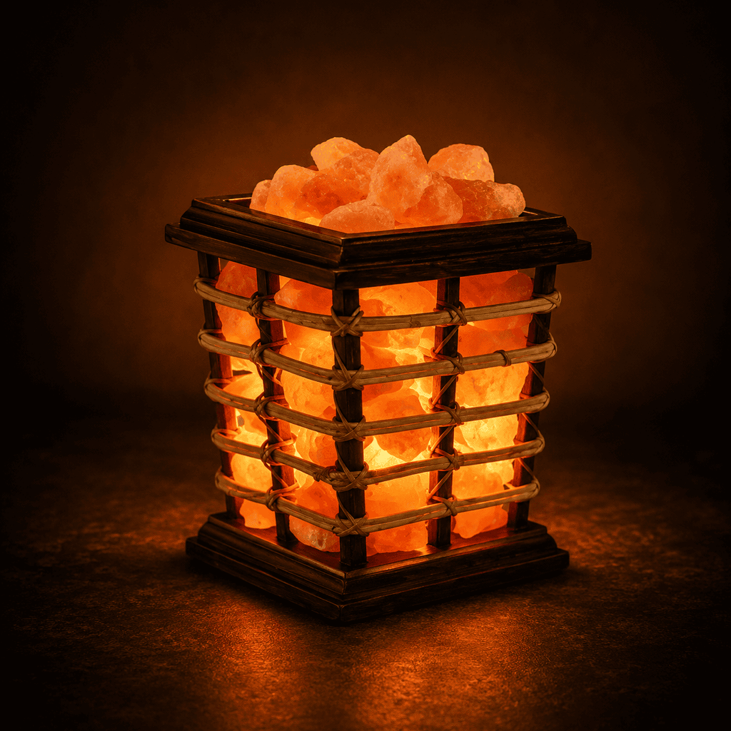 Woven Cane Basket Salt Lamp – studio photo lit against a dark background