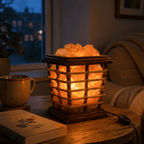 Woven Cane Basket Salt Lamp – styled in a home lifestyle setting, lit at evening