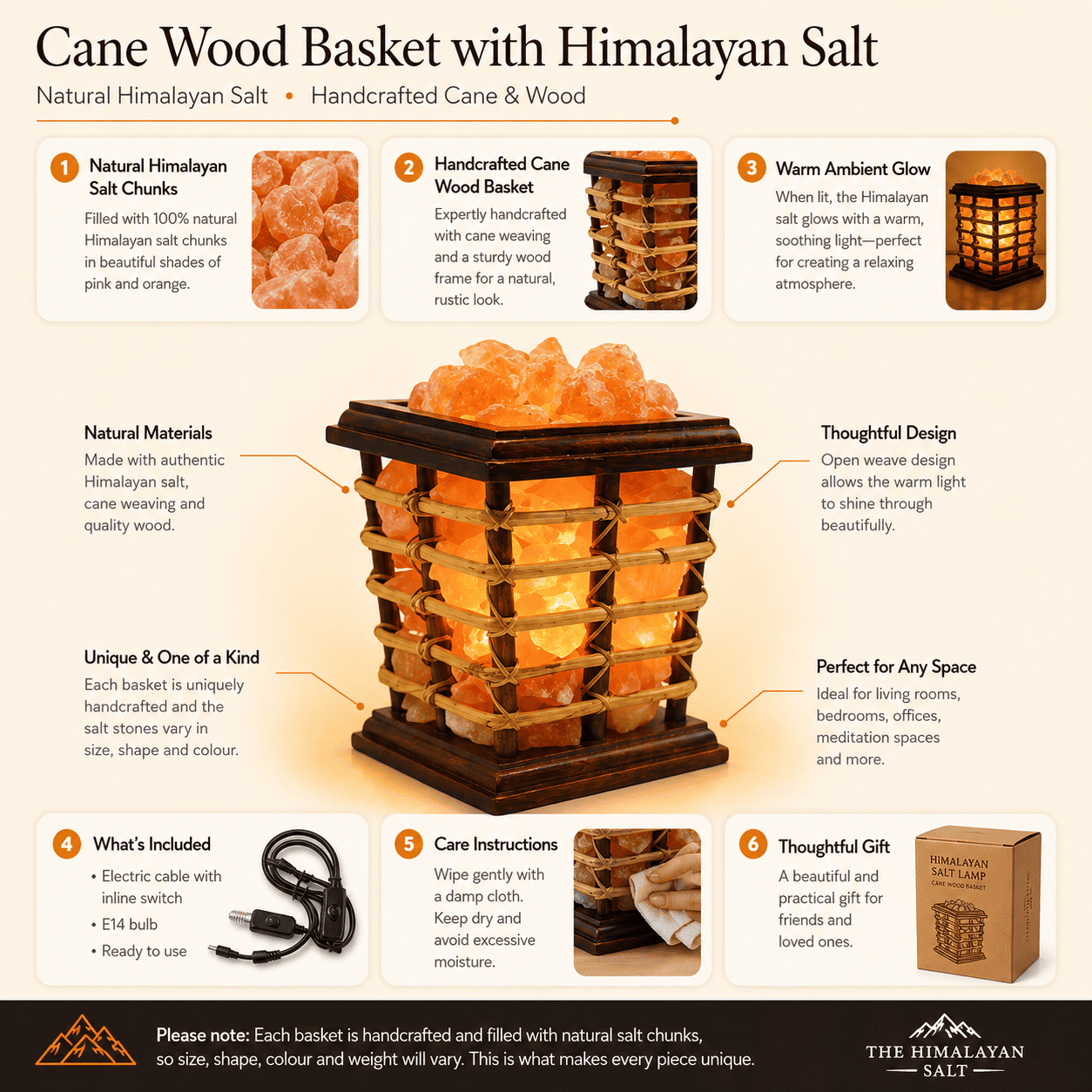 Woven Cane Basket Salt Lamp – infographic highlighting the product's key features