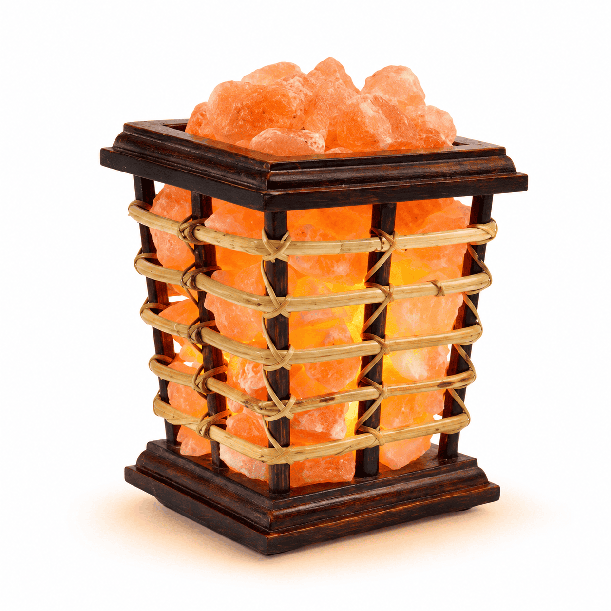 Woven Cane Basket Salt Lamp – studio product photo on a plain white background