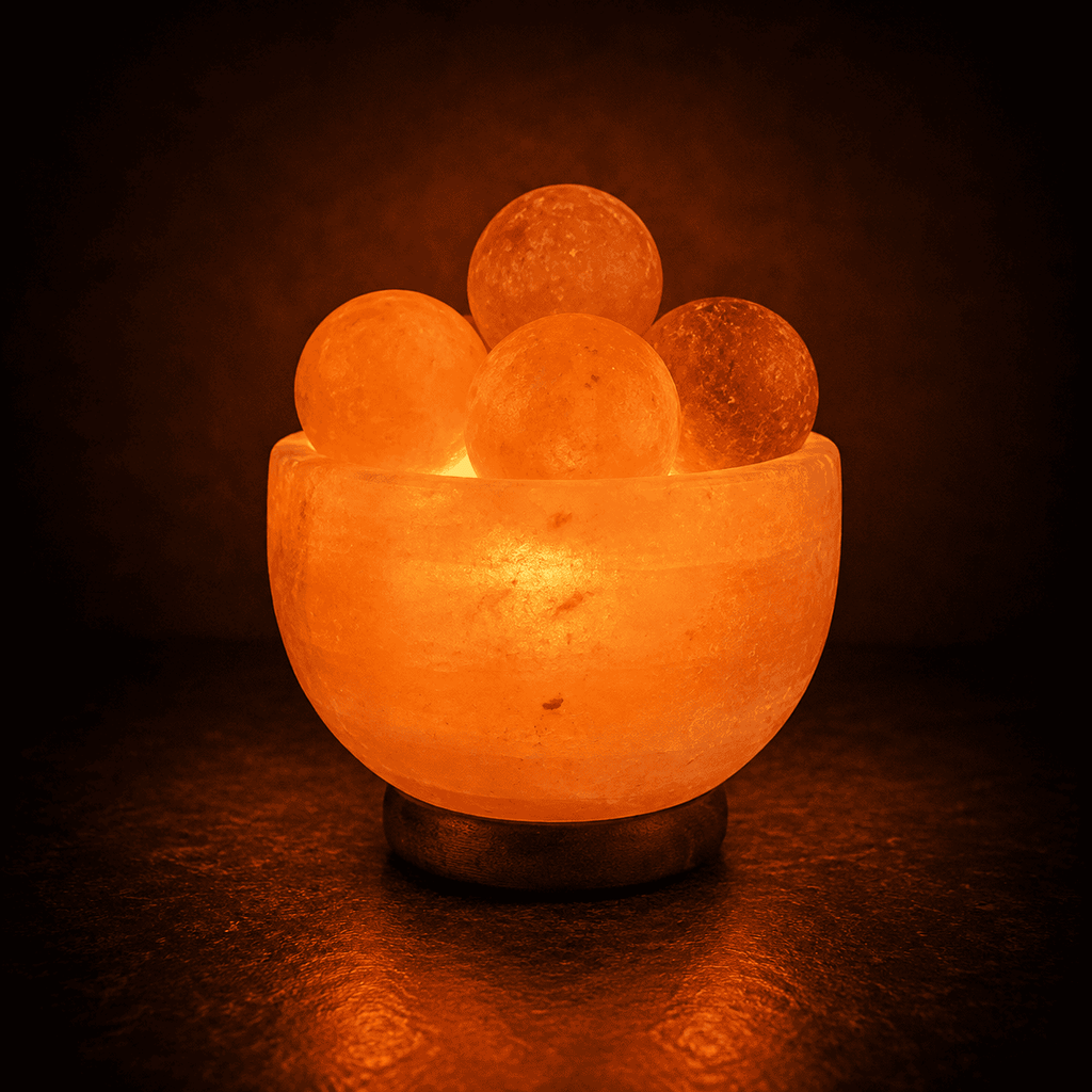 Salt Fire Bowl with Massage Balls – studio photo lit against a dark background